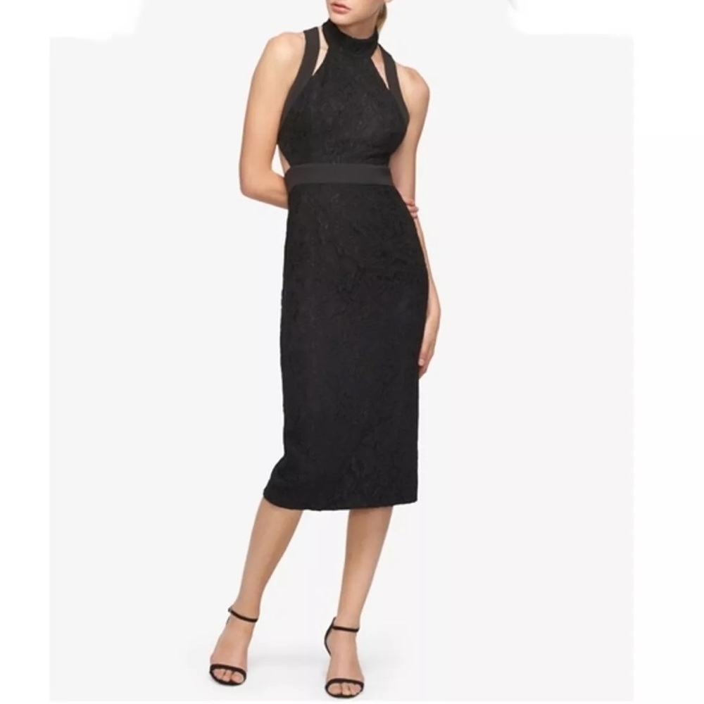 NWT FAME AND PARTNERS Black Lace Halter Cutout Midi Sheath Dress Size 6